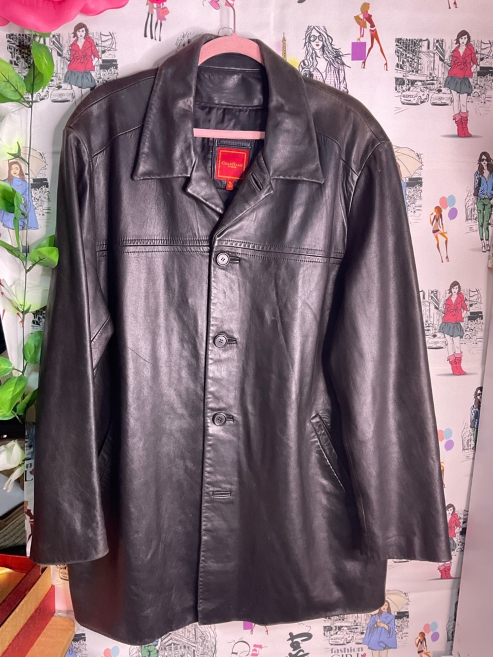 Cole Haan Black Leather Trench Coat